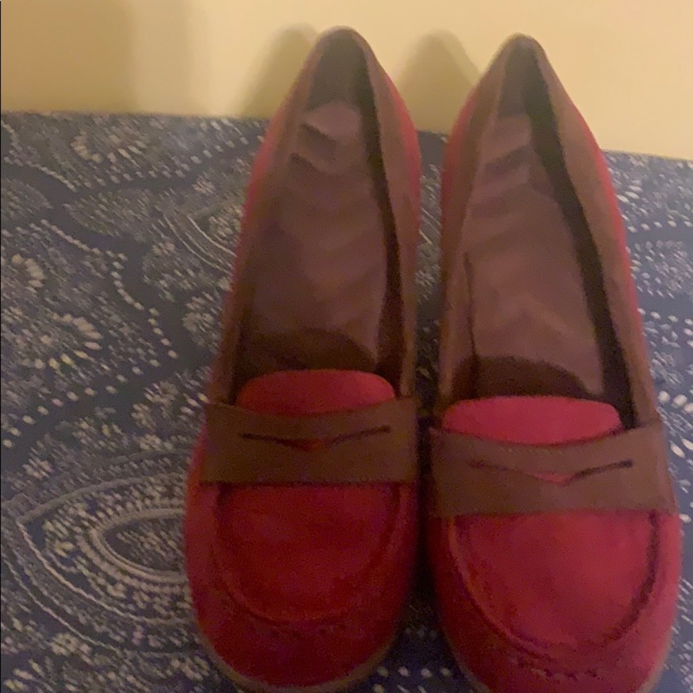 Shoes are actually burgundy and brown.